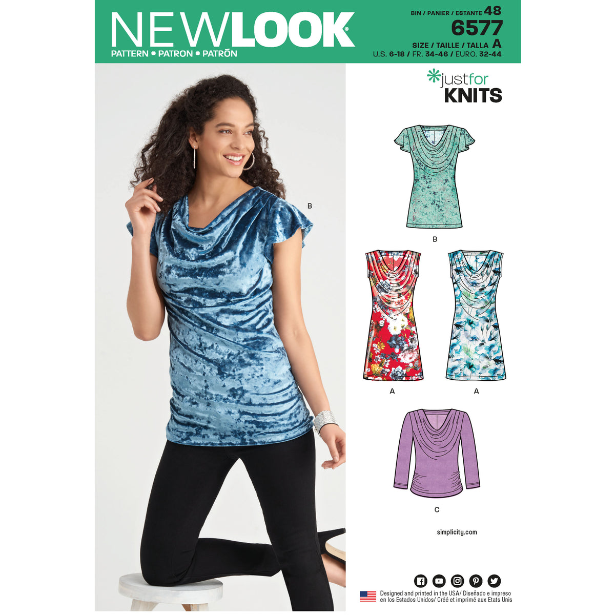New Look N6577 sewing pattern envelope showing misses' knit cowl neck dress, tops and tunics