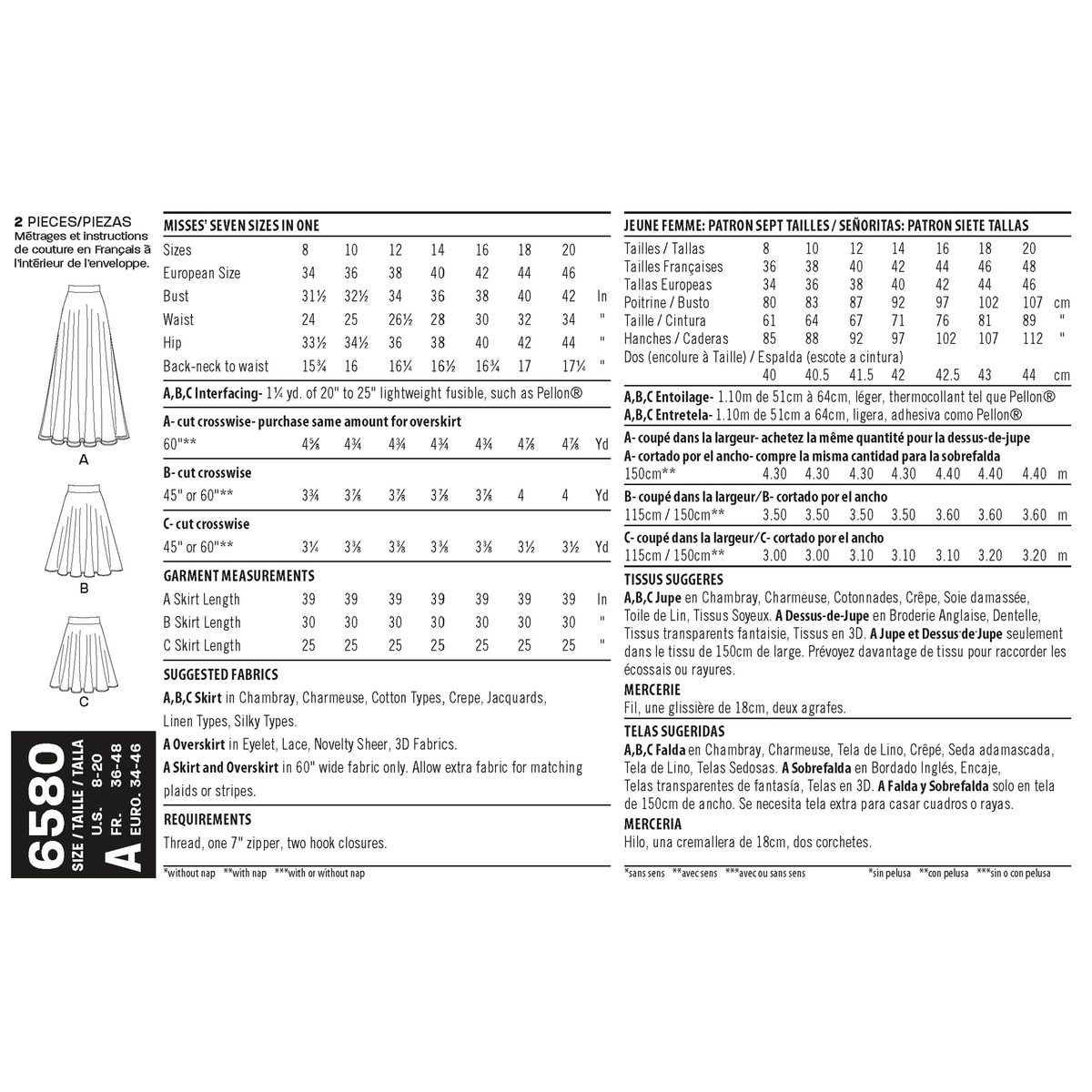 New Look N6580 sewing pattern envelope showing misses' skirt in three lengths