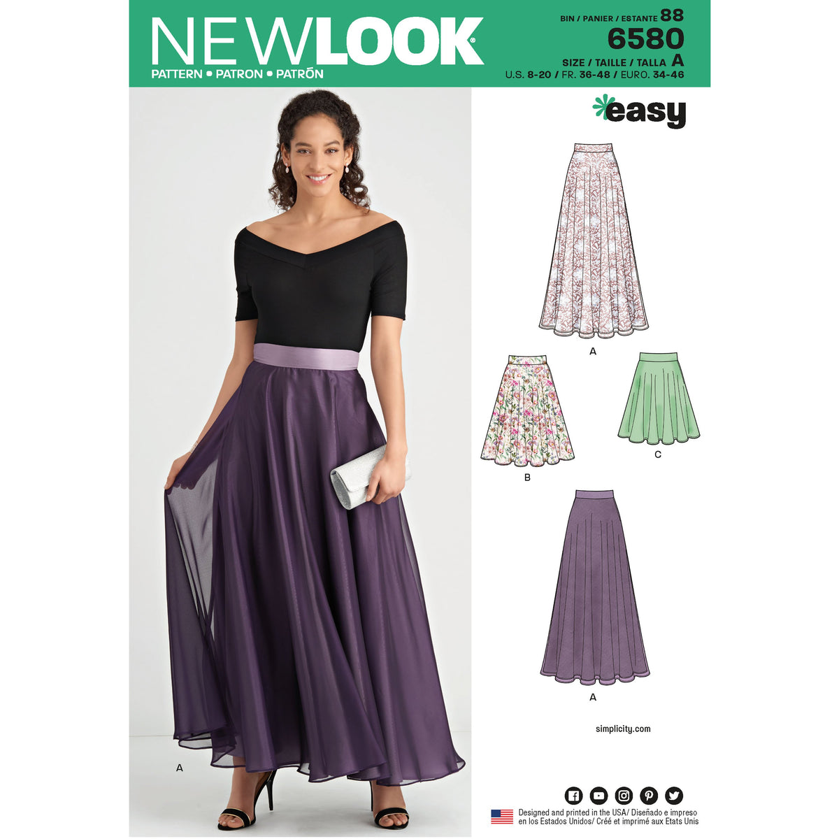 New Look N6580 sewing pattern envelope showing misses' skirt in three lengths