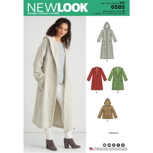New Look N6585 sewing pattern envelope showing misses' hooded double face coat