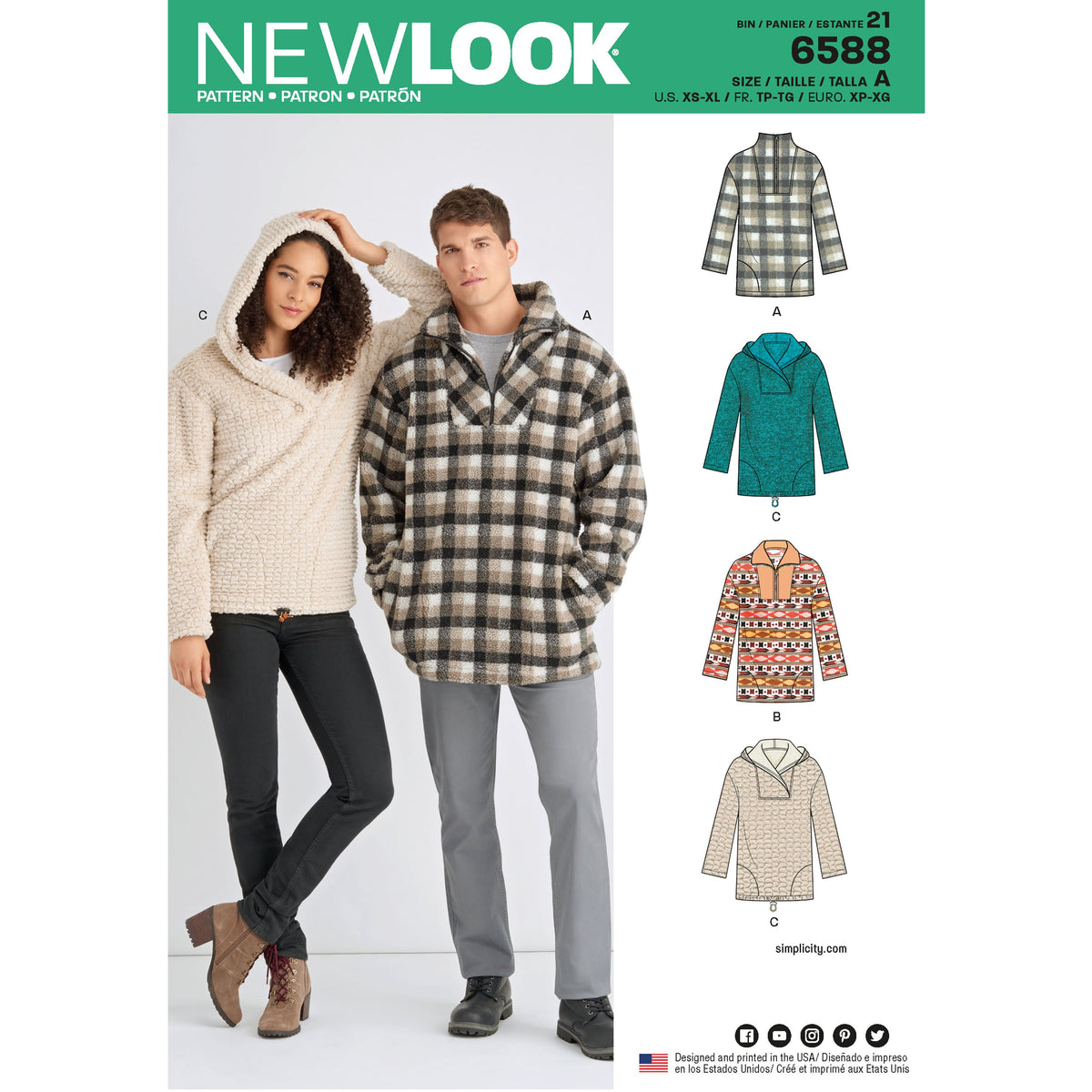New Look N6588 sewing pattern envelope showing unisex sweater tops