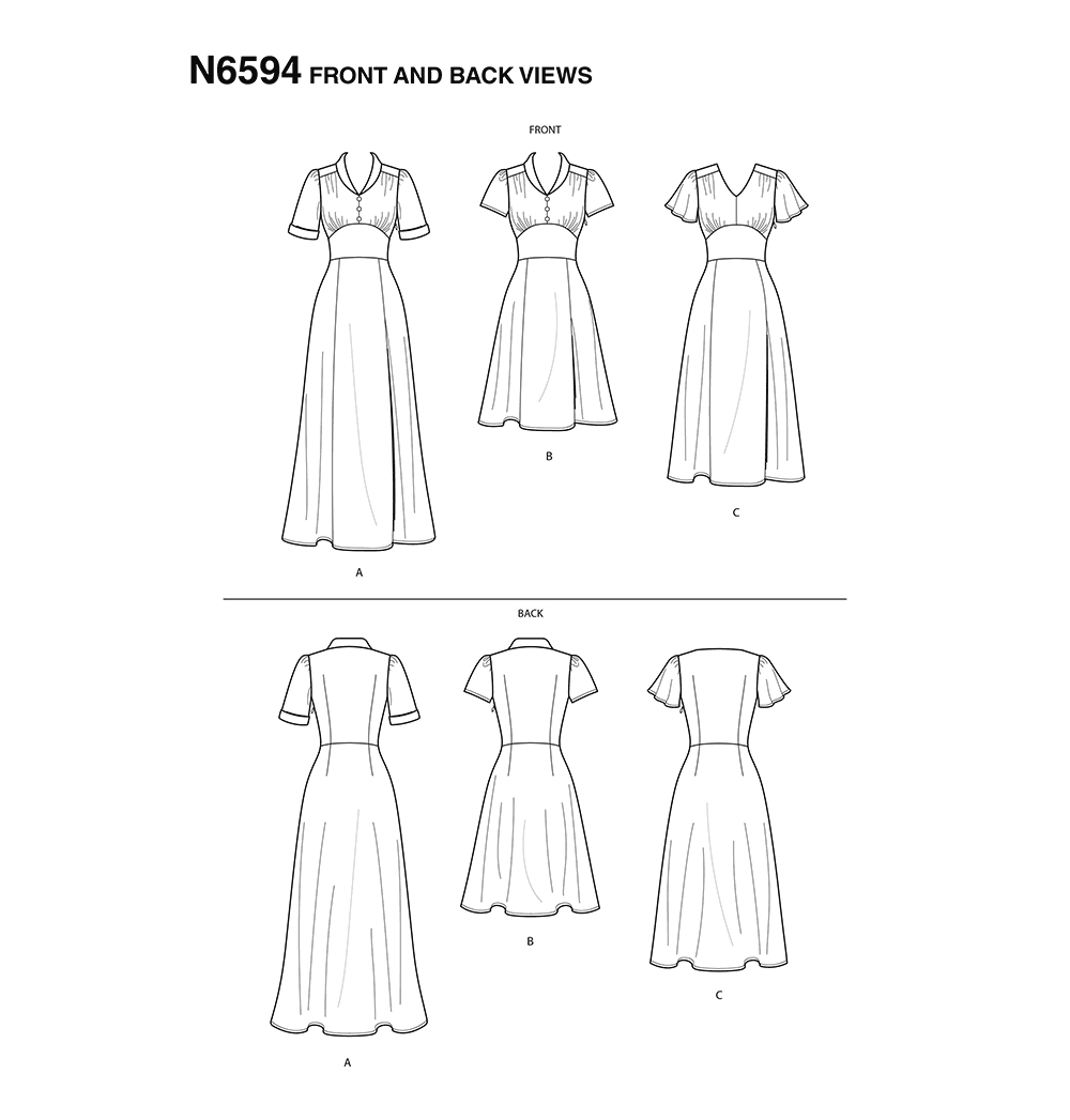 New Look N6594 sewing pattern envelope showing misses' dress in three lengths