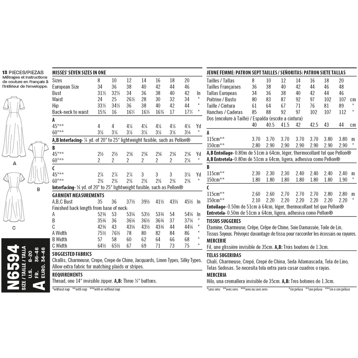 New Look N6594 sewing pattern envelope showing misses' dress in three lengths