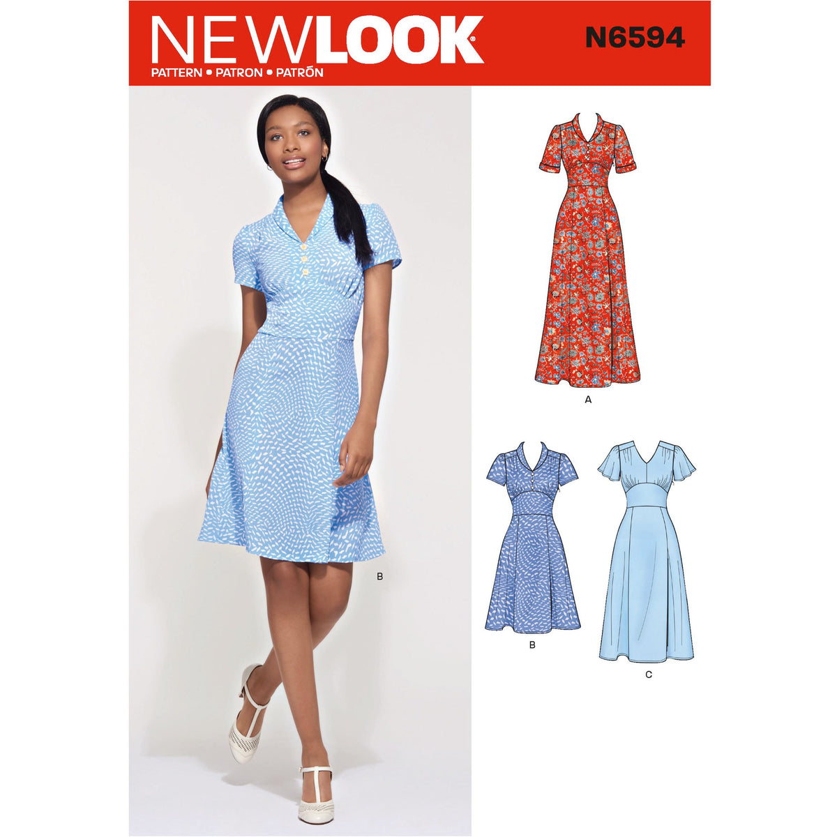 New Look N6594 sewing pattern envelope showing misses' dress in three lengths