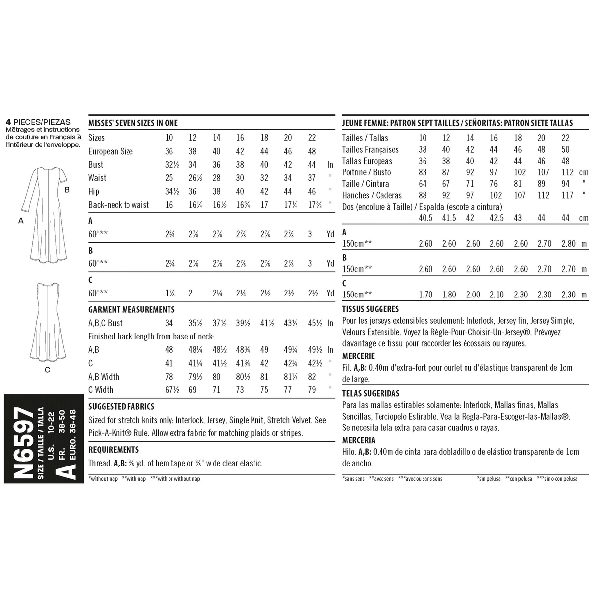 New Look N6597 sewing pattern envelope showing misses' knit dress