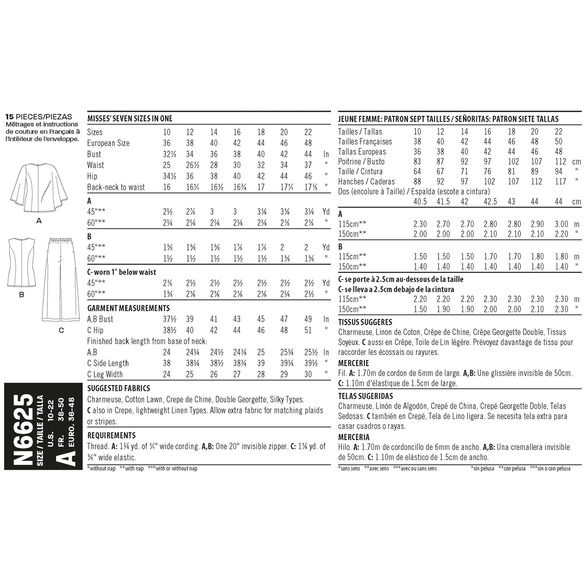 New Look N6625 sewing pattern envelope showing tops and pull-on trousers designs