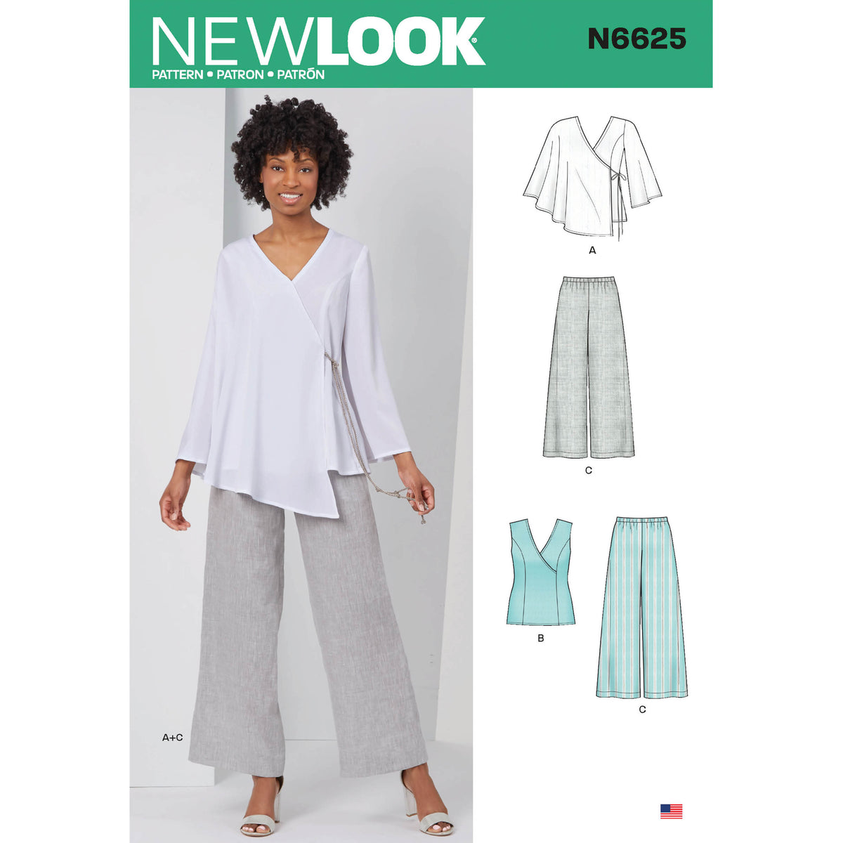 New Look N6625 sewing pattern envelope showing tops and pull-on trousers designs