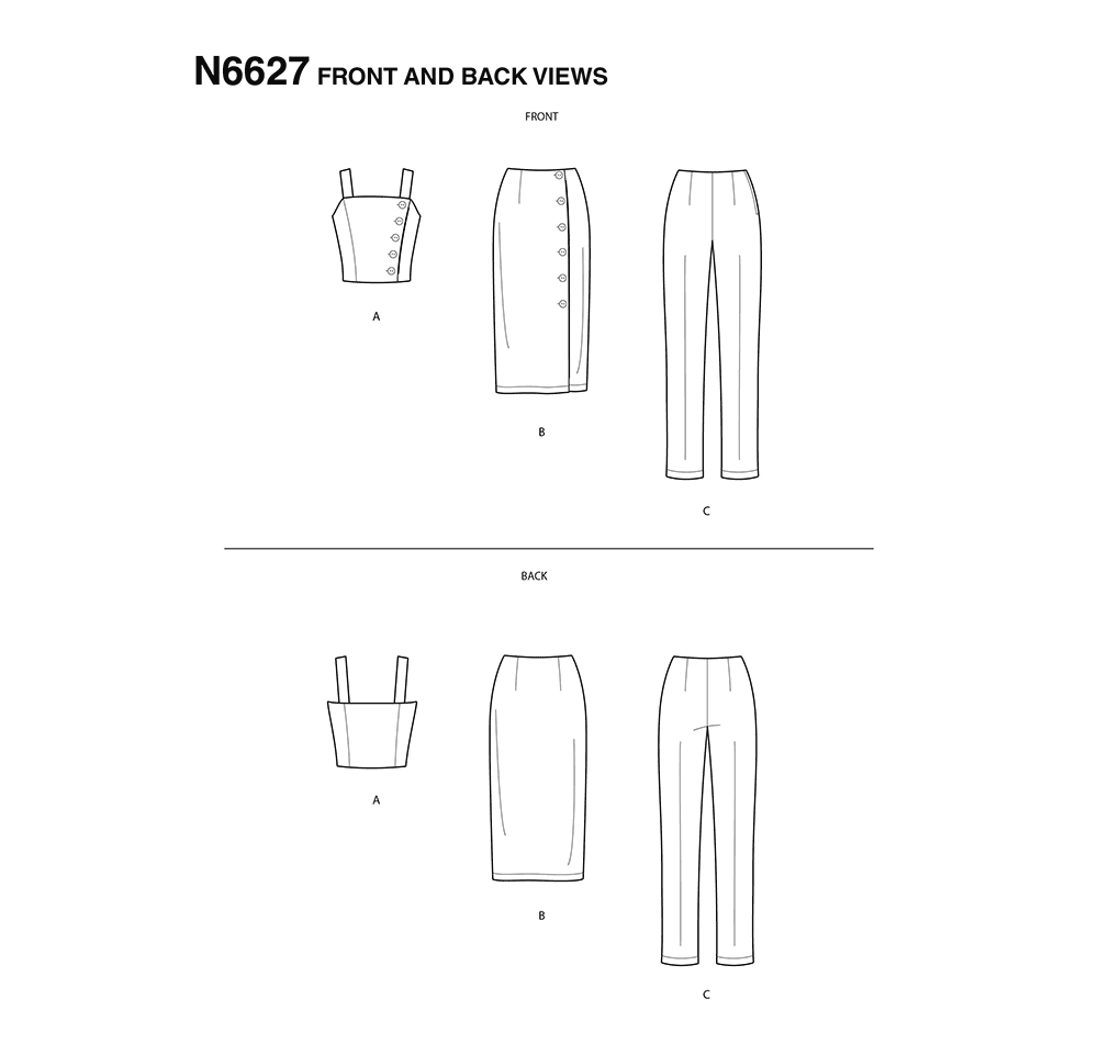 New Look N6627 sewing pattern envelope showing top, skirt and trousers designs