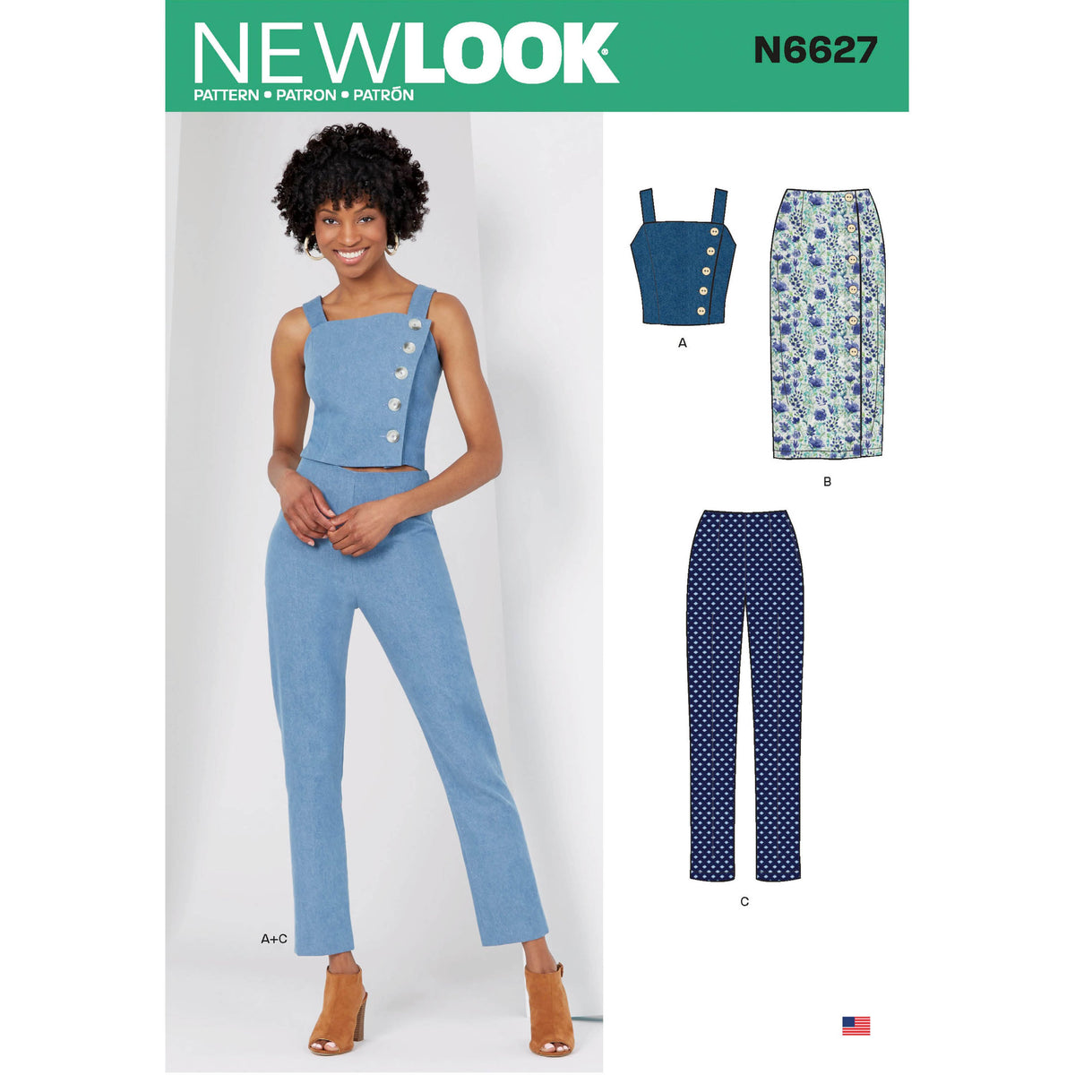 New Look N6627 sewing pattern envelope showing top, skirt and trousers designs