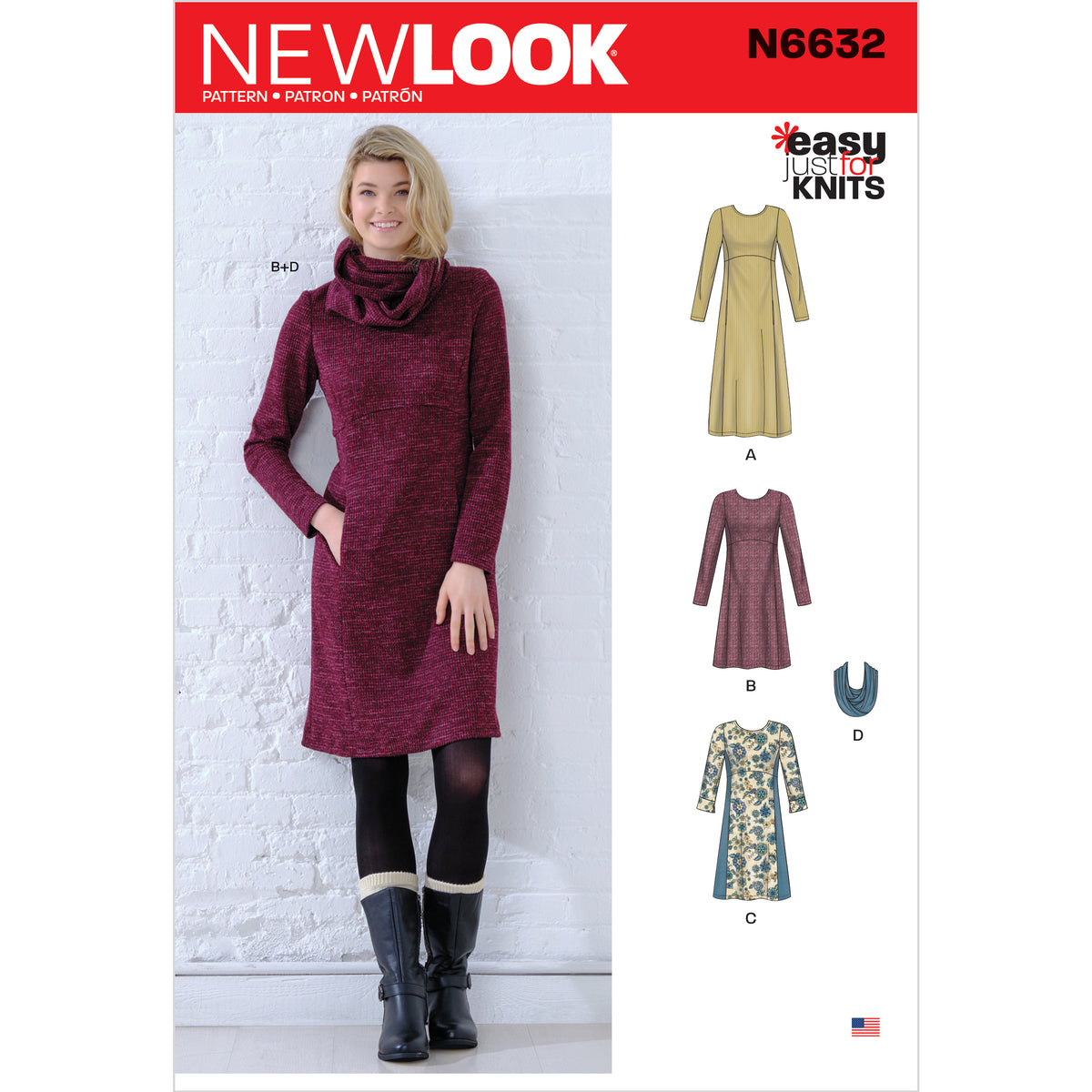 New Look N6632 sewing pattern envelope showing knit empire dress designs