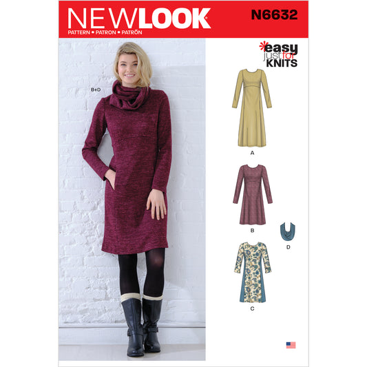 New Look N6632 sewing pattern envelope showing knit empire dress designs