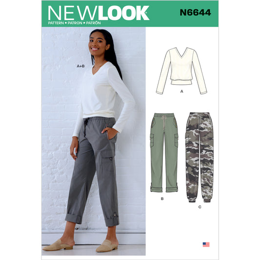 New Look N6644 sewing pattern envelope showing cargo trousers and knit top designs