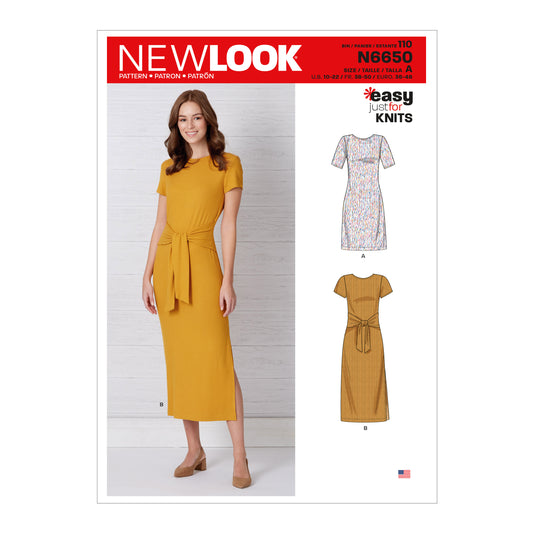 New Look N6650 sewing pattern envelope showing knit dress with optional tie designs