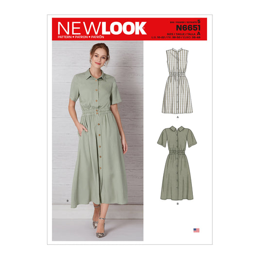 New Look N6651 sewing pattern envelope showing button-front dress designs