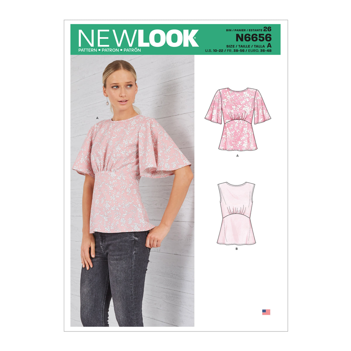 New Look N6656 sewing pattern envelope showing top with flared sleeves designs
