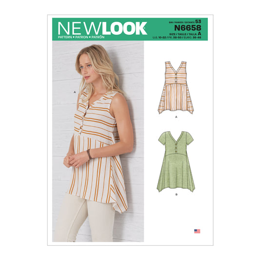 New Look N6658 sewing pattern envelope showing handkerchief hem top designs