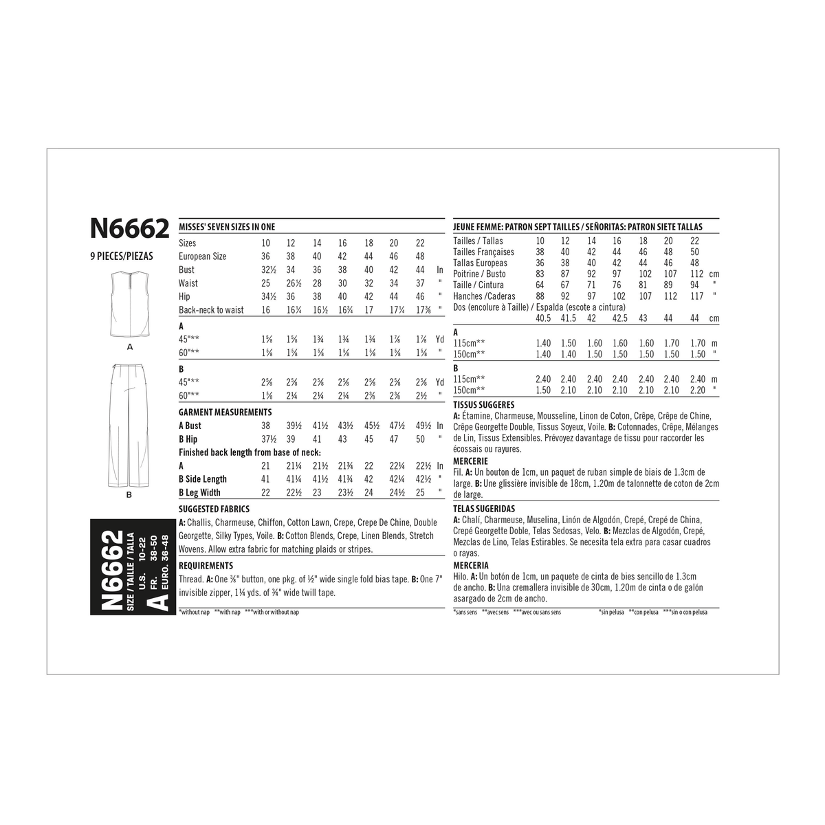 New Look N6662 sewing pattern envelope showing drape top and wide leg trousers designs