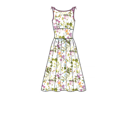 New Look N6665 sewing pattern envelope showing dresses with piping and skirt pleats designs