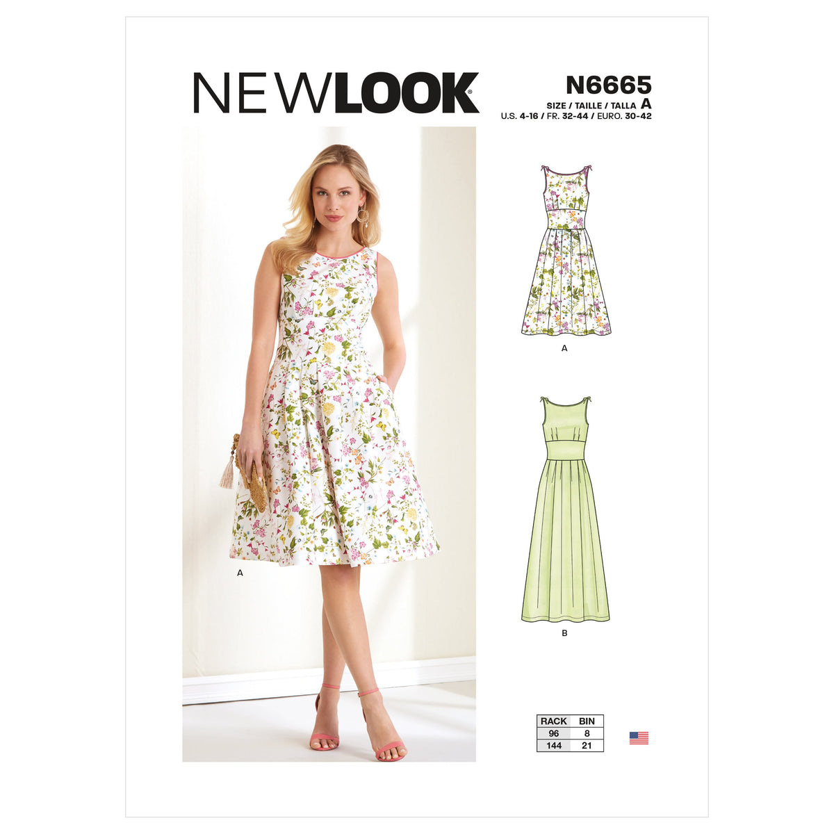 New Look N6665 sewing pattern envelope showing dresses with piping and skirt pleats designs