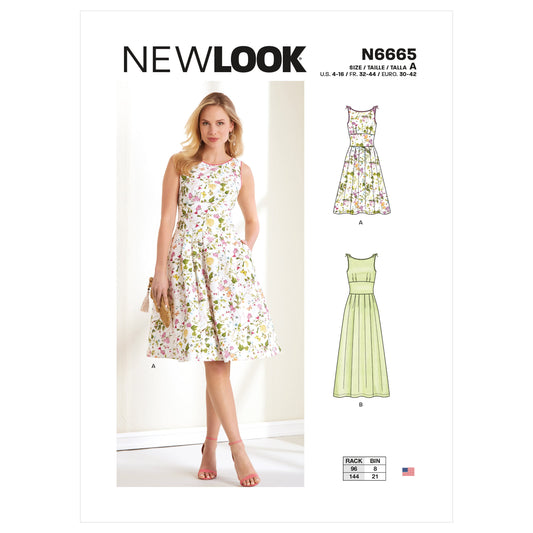 New Look N6665 sewing pattern envelope showing dresses with piping and skirt pleats designs