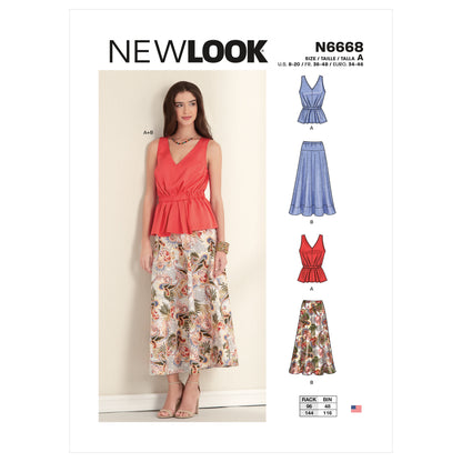 New Look N6668 sewing pattern envelope showing sleeveless top and flared skirt designs