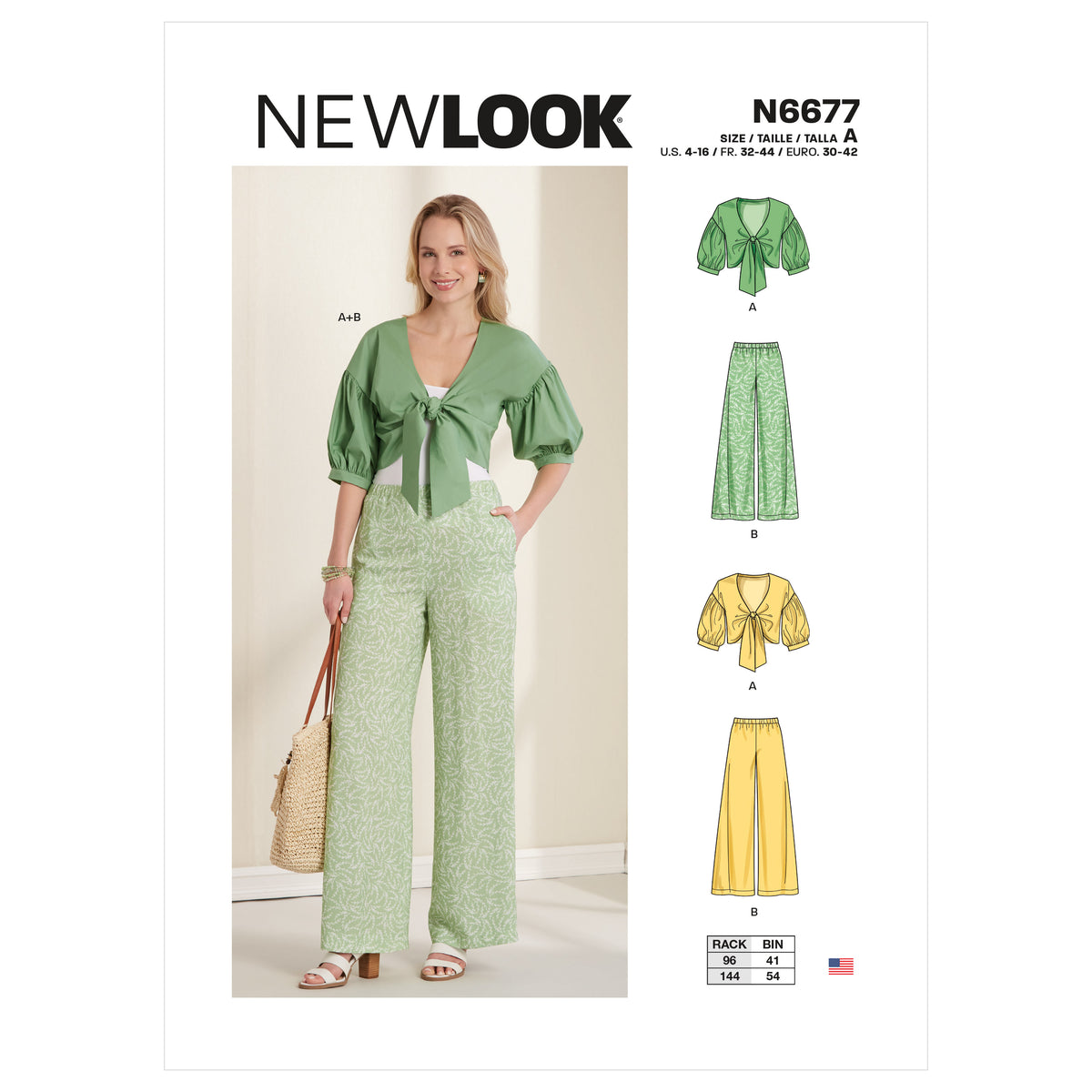 New Look N6677 sewing pattern envelope showing tie jacket and wide leg trousers designs