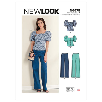 New Look N6678 sewing pattern envelope showing button-front top and trousers designs