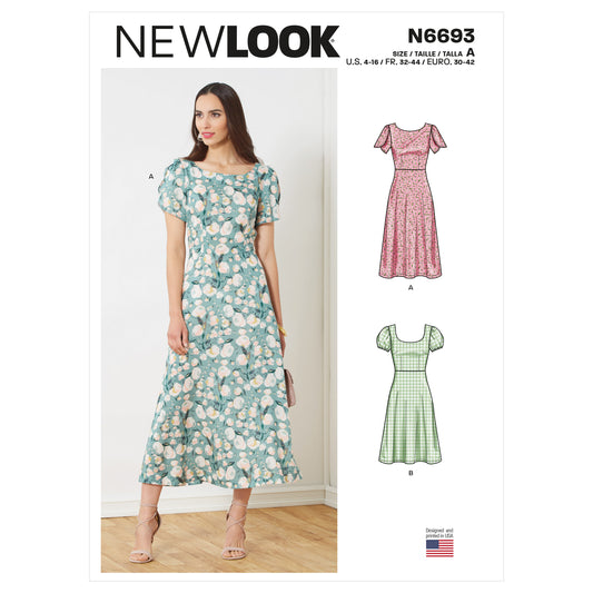 New Look N6693 sewing pattern envelope showing dresses with flared skirt designs
