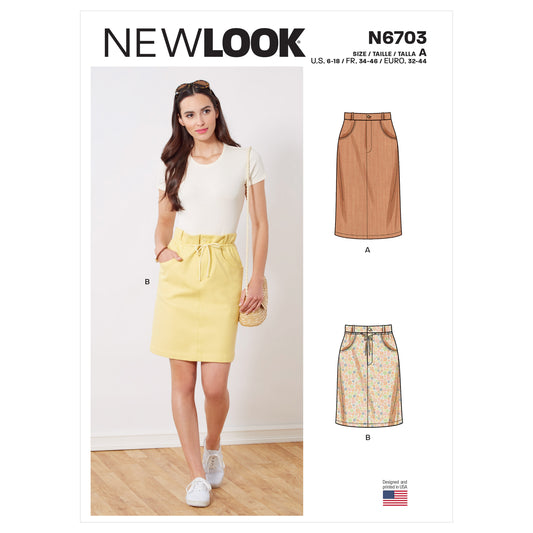 New Look N6703 sewing pattern envelope showing jeans style skirts