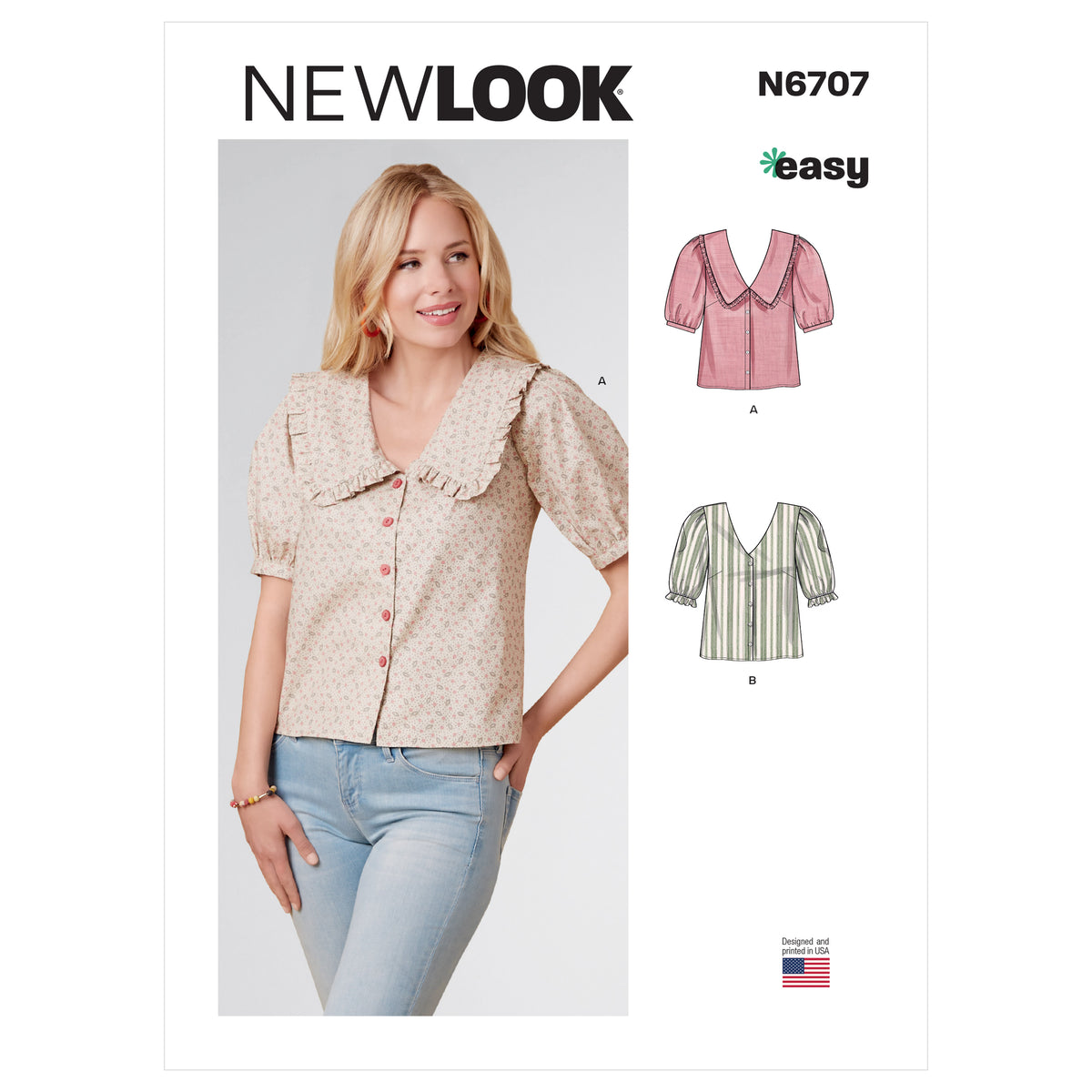 New Look N6707 sewing pattern envelope showing v-neck button front blouses