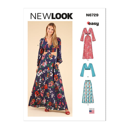 New Look N6729 sewing pattern envelope showing cut-away maxi dress