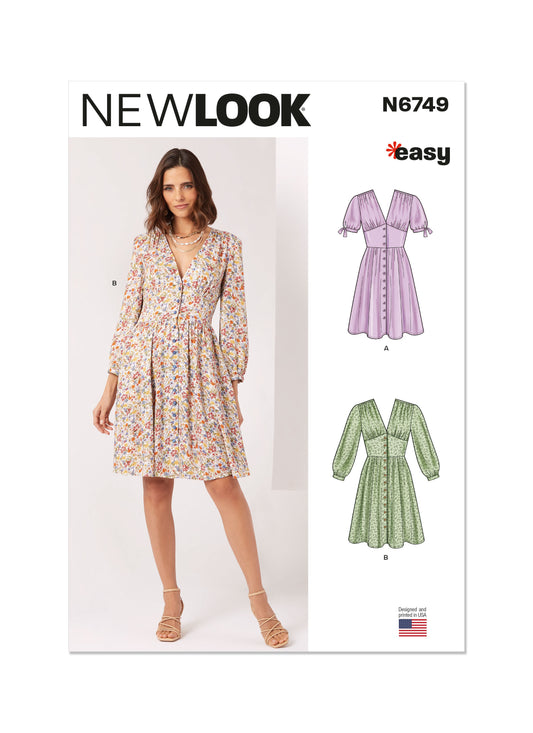 New Look N6749 sewing pattern envelope showing easy button front dress