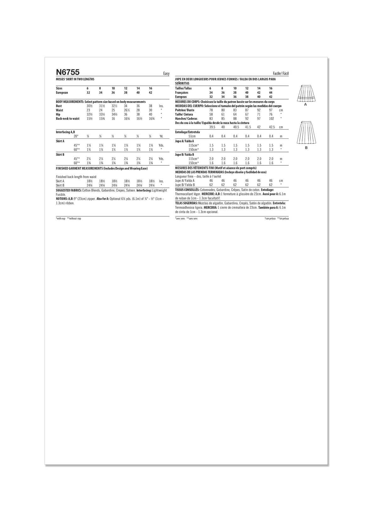 New Look N6755 sewing pattern envelope showing easy pleated skirt