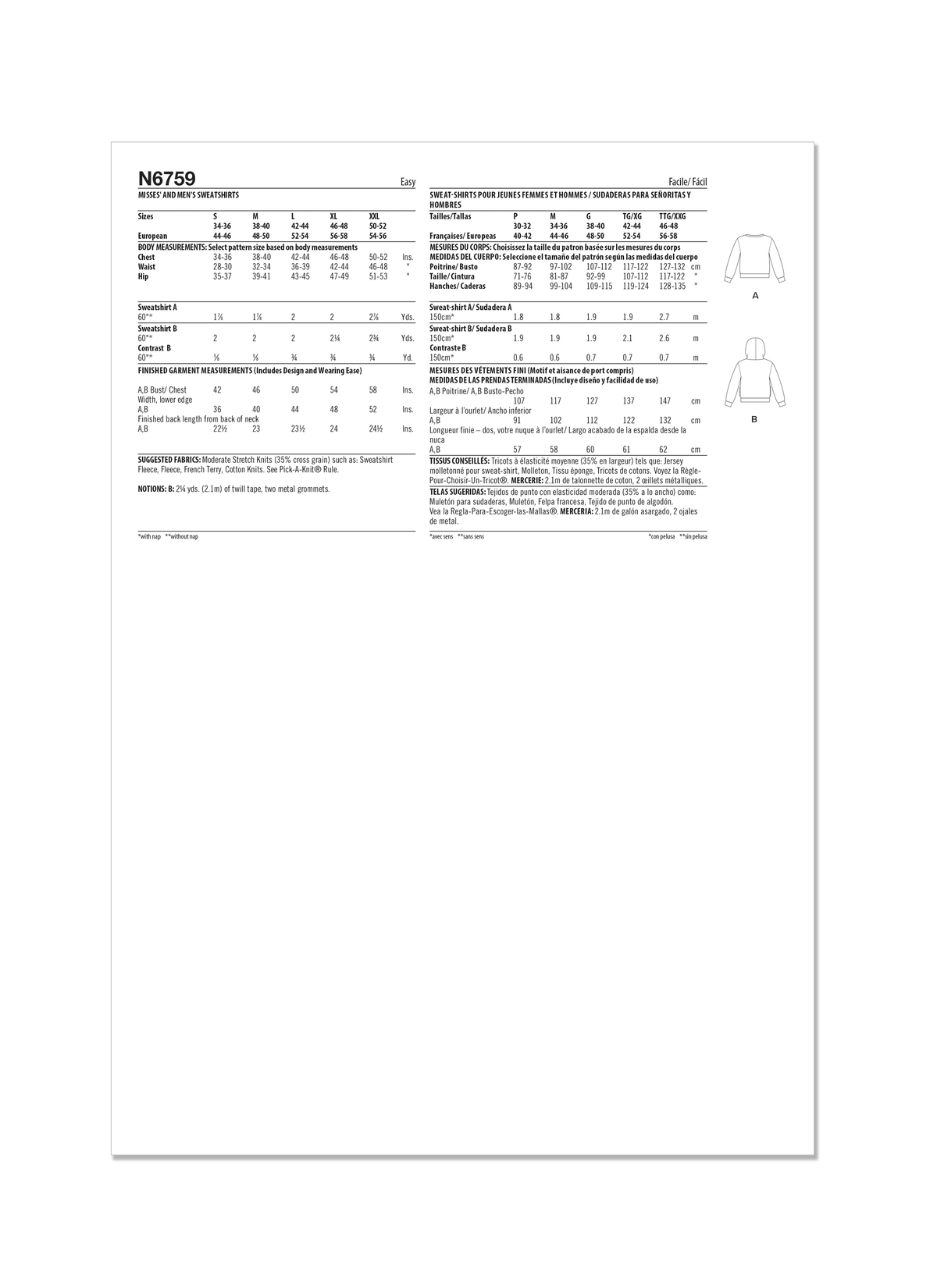 New Look sewing pattern N6759 envelope showing a sweatshirt with or without a hood