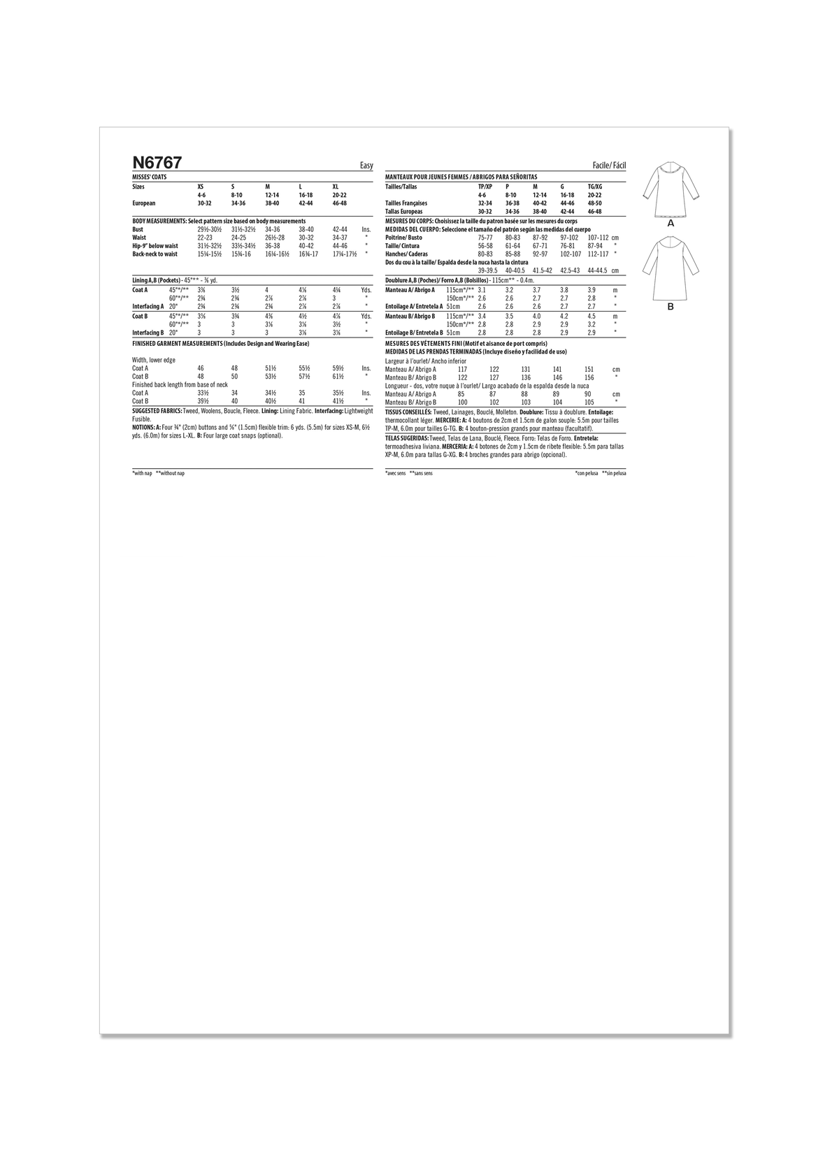 New Look sewing pattern N6767 envelope showing very loose-fitting unlined coats
