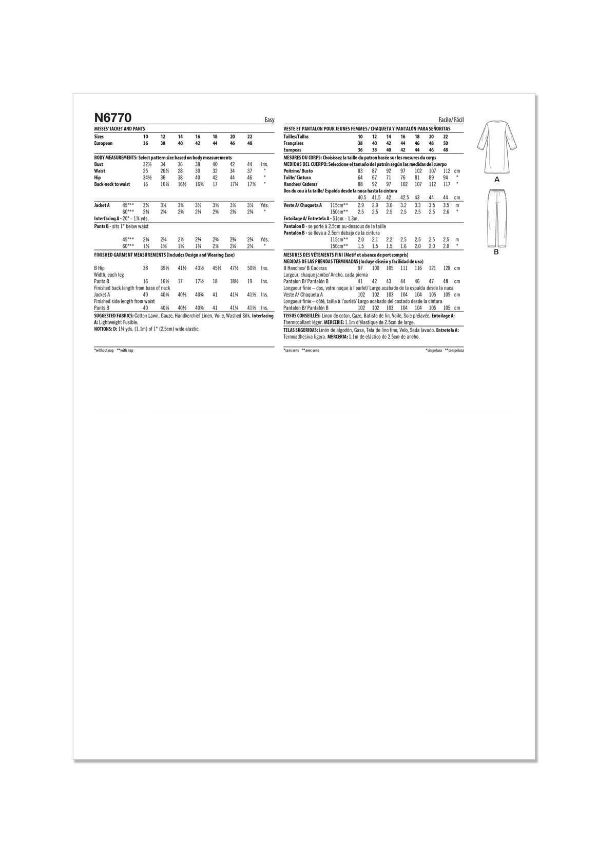 New Look sewing pattern N6770 envelope showing an unlined jacket and pull-on trousers