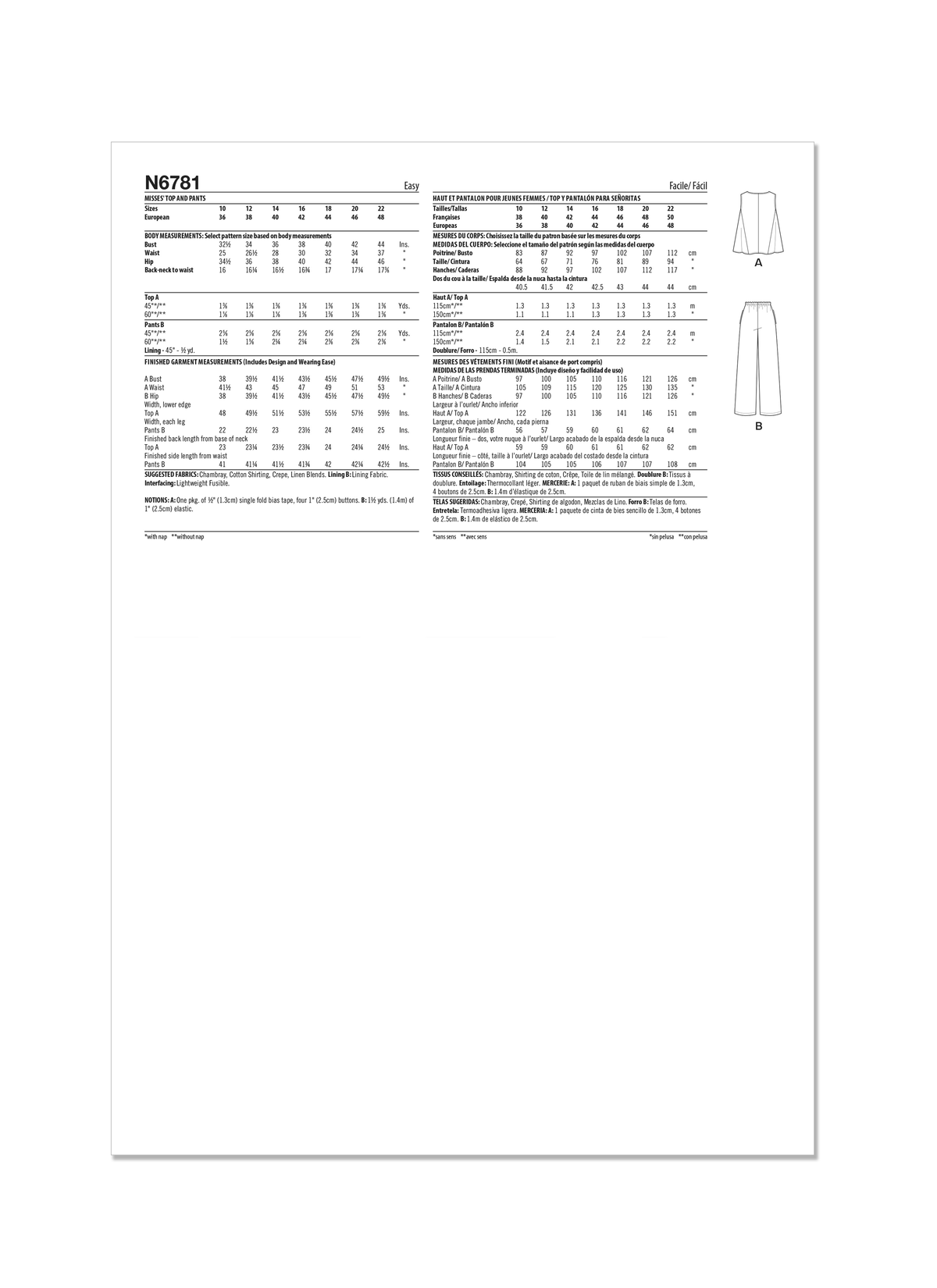 New Look sewing pattern N6781 envelope showing a button front top and elastic waist trousers