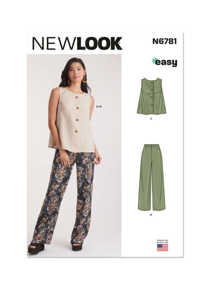 New Look sewing pattern N6781 envelope showing a button front top and elastic waist trousers