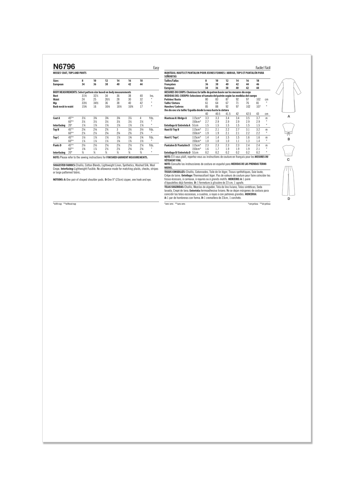 New Look sewing pattern N6796 envelope showing a loose-fitting pull-on coat