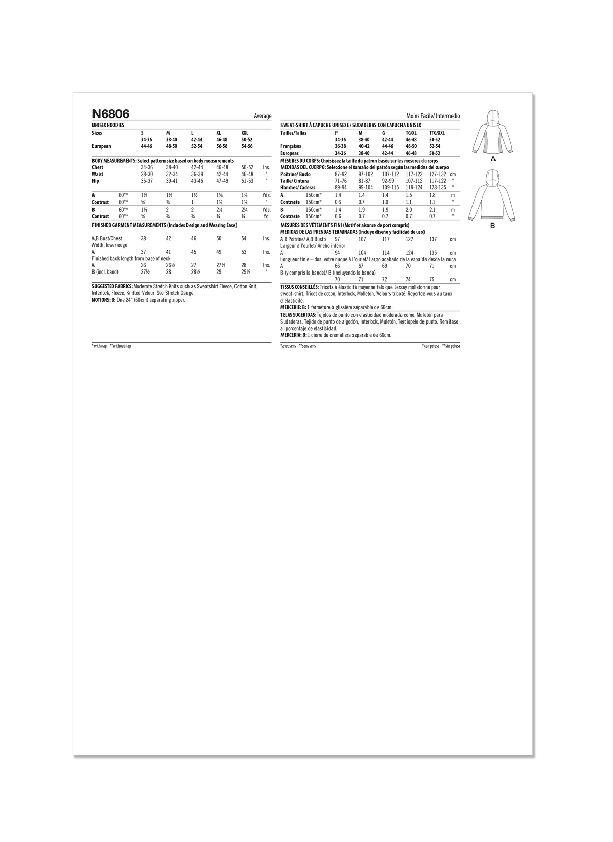 New Look N6806 sewing pattern envelope showing a unisex hoodie and top
