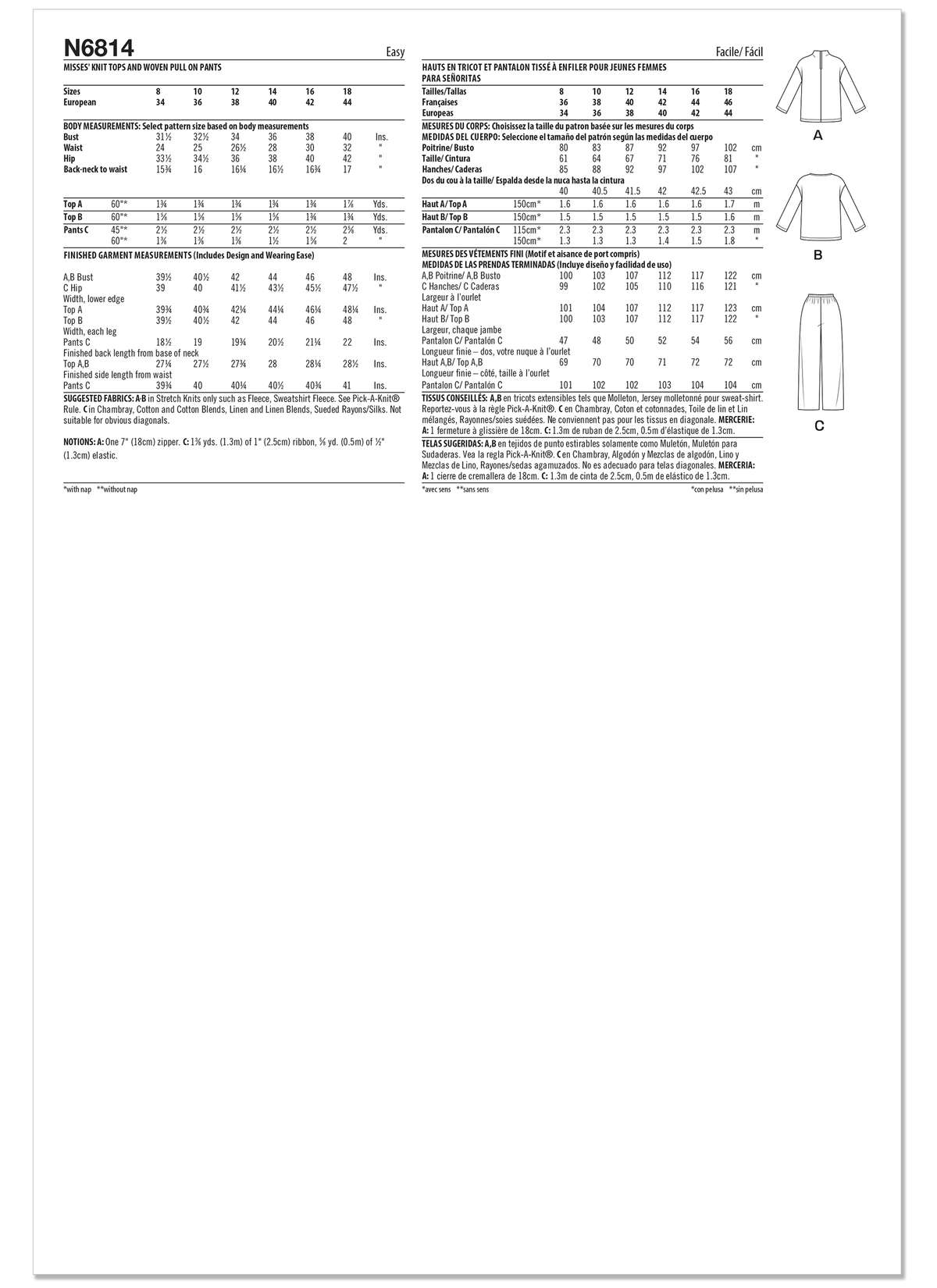 New Look N6814 sewing pattern envelope showing pullover knit tops