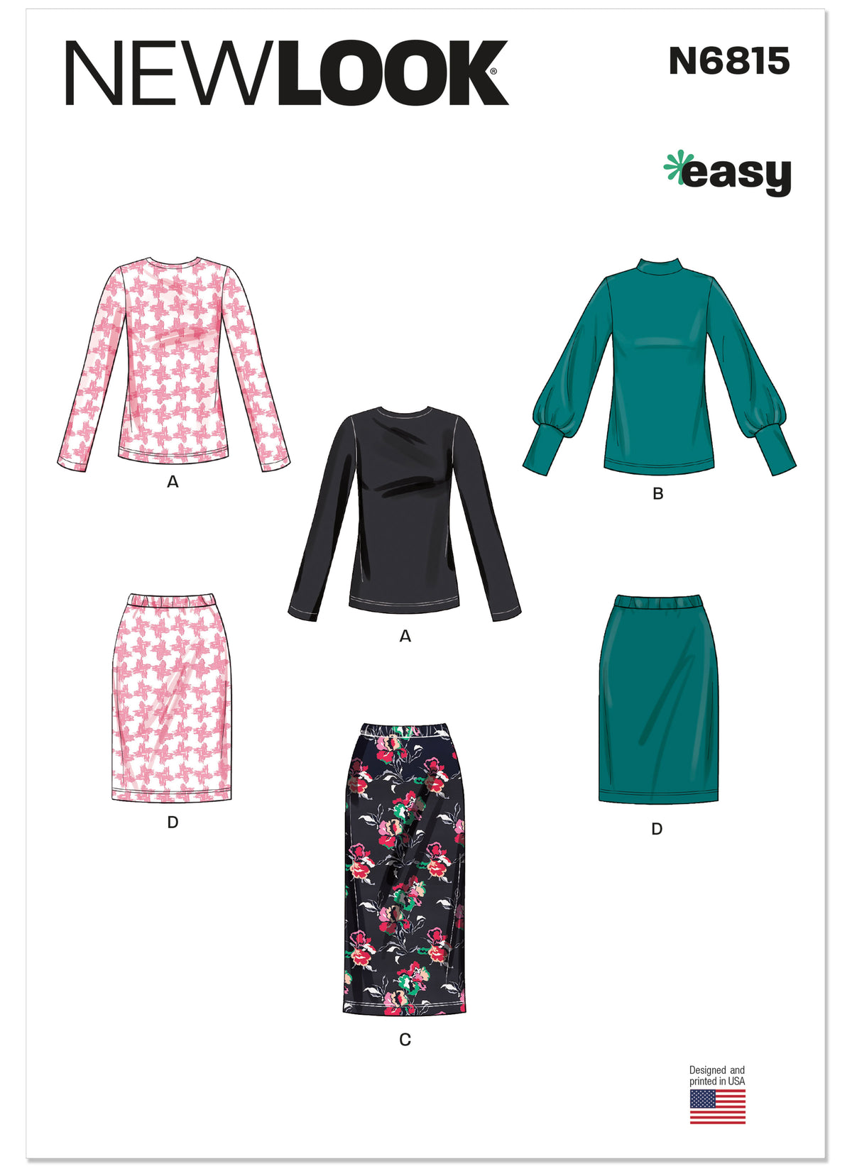 New Look N6815 sewing pattern envelope showing knit tops and a skirt