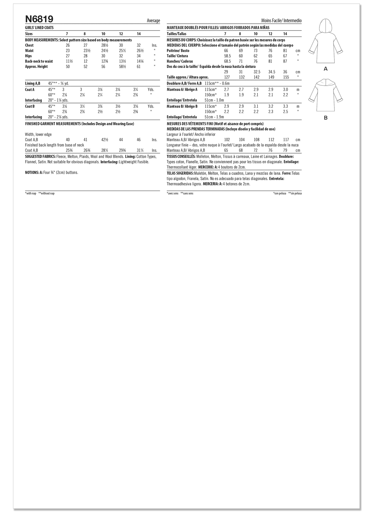 New Look N6819 sewing pattern envelope showing girls' lined coats