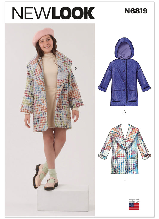 New Look N6819 sewing pattern envelope showing girls' lined coats