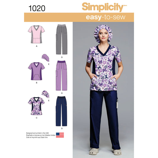 Simplicity S1020 sewing pattern envelope showing a scrub top and trousers