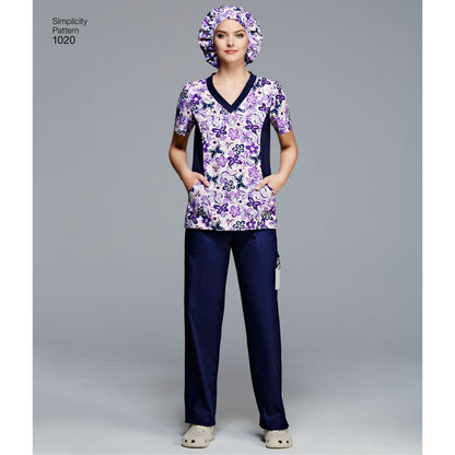Simplicity S1020 sewing pattern envelope showing a scrub top and trousers