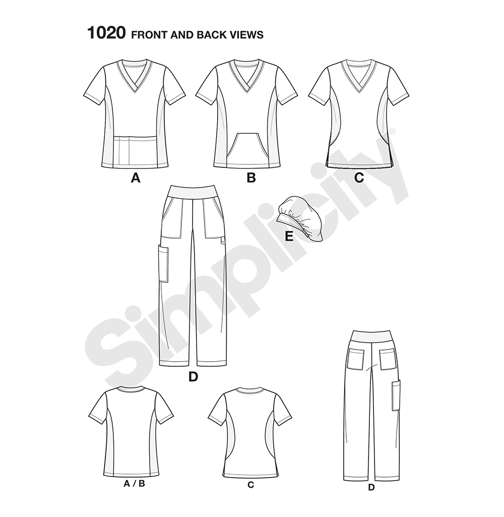 Simplicity S1020 sewing pattern envelope showing a scrub top and trousers