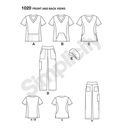 Simplicity S1020 sewing pattern envelope showing a scrub top and trousers