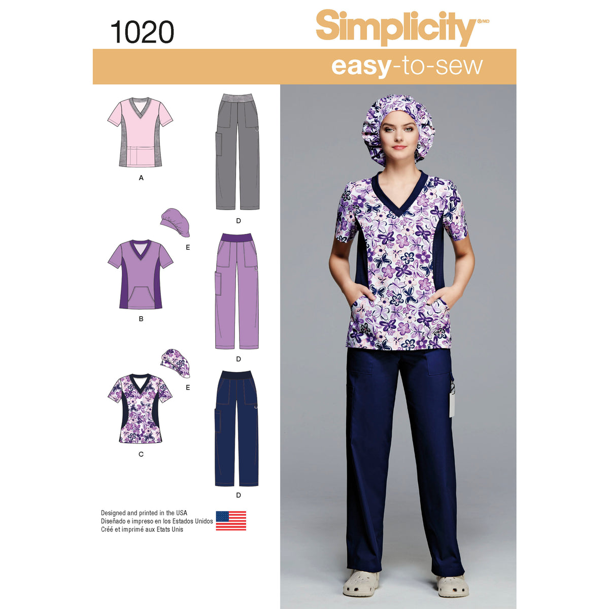Simplicity S1020 sewing pattern envelope showing a scrub top and trousers