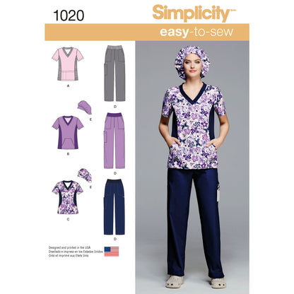 Simplicity S1020 sewing pattern envelope showing a scrub top and trousers